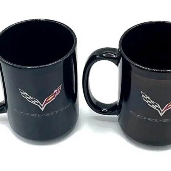 Vintage RARE Chevrolet Corvette Coffee Mug Cup Set of 2 Vette Racing Logo Black - Picture 4 of 12